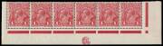 1d Pale Carmine-Rose (G30), CA and JBC Monogram (3mm below marginal line) lower marginal strips of six from the Left and Right Panes, originally from the same sheet with varieties &ldquo;RA joined&rdquo;, &ldquo;Kangaroo&rsquo;s tongue out&rdquo; and "Run N of ONE &ndash; second state"; BW. - 2