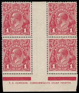 1d Carmine-Rose (G30), T.S. HARRISON one-line imprint block of four, with varieties “Ferns” and “RA of AUSTRALIA joined”;  BW.71L(4)zj - $800.