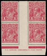 1d Carmine-Rose (G30), T.S. HARRISON one-line imprint block of four, with varieties &ldquo;Ferns&rdquo; and &ldquo;RA of AUSTRALIA joined&rdquo;; &nbsp;BW.71L(4)zj - $800.
