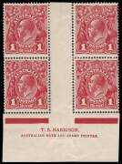 1d Carmine (aniline) (G33), T.S. HARRISON two-line imprint block of four, with varieties &ldquo;Ferns&rdquo; and &ldquo;RA of AUSTRALIA joined&rdquo;; BW.71L(4)zk - $500. Some perf. separations reinforced. &nbsp; &nbsp; &nbsp; &nbsp;