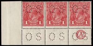 1d Deep Scarlet (aniline) (G60), CA Monogram corner strip of three, INVERTED watermark, perforated OS; BW.72bbA(3)za - $800+.