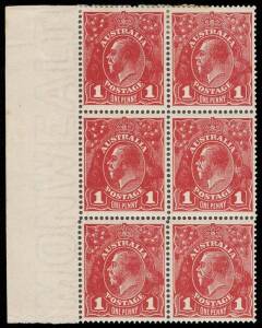 1d Deep Red (aniline) (G61), INVERTED watermark, left marginal block of six; BW.72Ba - $600+. &nbsp;4**/2* a few minor tone spots not effecting the 4**.