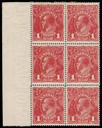 1d Deep Red (aniline) (G61), INVERTED watermark, left marginal block of six; BW.72Ba - $600+. &nbsp;4**/2* a few minor tone spots not effecting the 4**.