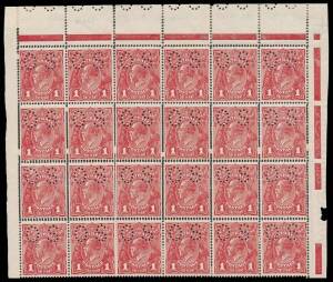 1d Carmine (G62), Right pane upper marginal block of 24 [1-24], perforated OS, with “DOUBLE PERFORATIONS vertically and horizontally” and variety “Dot before right 1” [6/21]; BW.72bbC(3)b,f.. Some minor separation. Spectacular piece.