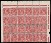 1d Carmine (G62), Right pane upper marginal block of 24 [1-24], perforated OS, with &ldquo;DOUBLE PERFORATIONS vertically and horizontally&rdquo; and variety &ldquo;Dot before right 1&rdquo; [6/21]; BW.72bbC(3)b,f.. Some minor separation. Spectacular piece.