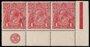 1d Carmine (G62), JBC Monogram corner strip of three; BW.72C(3)zb - $800. 2008 Drury Certificate. &nbsp;&nbsp;