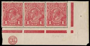 1d Carmine (G62), JBC Monogram corner strip of three with variety “Run N (second state); BW.72C(4)zb,qa - $800. Reinforced.