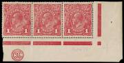 1d Carmine (G62), JBC Monogram corner strip of three with variety &ldquo;Run N (second state); BW.72C(4)zb,qa - $800. Reinforced.