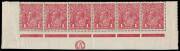 1d Carmine (G62), CA Monogram lower marginal strip of six with variety &ldquo;RA of AUSTRALIA joined&rdquo;; BW.72C(4)zd - $800. Left corner unit creased and reinforced.