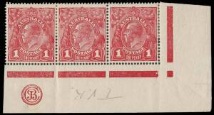 1d Rose-Red (G63), JBC Monogram corner strip of three with variety “Run N (second state); BW.72D(4)zb,qa - $800. Odd blemish.