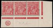 1d Rose-Red (G63), JBC Monogram corner strip of three with variety &ldquo;Run N (second state); BW.72D(4)zb,qa - $800. Odd blemish.