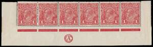 1d Rose-Red (G63), CA Monogram lower marginal strip of six with variety “RA of AUSTRALIA joined”; BW.72D(4)zd - $800+. Minor separation at left.