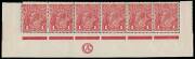 1d Rose-Red (G63), CA Monogram lower marginal strip of six with variety &ldquo;RA of AUSTRALIA joined&rdquo;; BW.72D(4)zd - $800+. Minor separation at left.