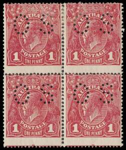 1d Carmine-Red (G73), perforated OS (G73), block of four [34-35/40-41] comprising “Substituted clichés Dies II and 1”, “Thin G of POSTAGE” and “Small white dot on Y of PENNY”; BW.72Pbb(2)ia, ja,k,l - $3,650+. 2**/2*. 2012 Ceremuga Certificiate.  