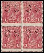 1d Carmine-Red (G73), perforated OS (G73), block of four [34-35/40-41] comprising &ldquo;Substituted clich&eacute;s Dies II and 1&rdquo;, &ldquo;Thin G of POSTAGE&rdquo; and &ldquo;Small white dot on Y of PENNY&rdquo;; BW.72Pbb(2)ia, ja,k,l - $3,650+. 2**/2*. 2012 Ceremuga Certificiate. &nbsp;