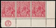 1d Carmine-Red Die III&nbsp;&nbsp;(G109), CA Monogram corner strip of three; BW.75Azb - $3,000.