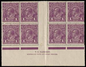 1d Violet, T.S. Harrison imprint block of eight with varieties &ldquo;Ferns&rdquo;, &ldquo;RA of AUSTRALIA &nbsp;joined&rdquo; and &ldquo;Kangaroo&rsquo;s tongue out&rdquo;; BW.76(4)z,r -&nbsp;$350+. Very minor marks on the selvedge.