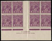 1d Violet, T.S. Harrison imprint block of eight with varieties &ldquo;Ferns&rdquo;, &ldquo;RA of AUSTRALIA &nbsp;joined&rdquo; and &ldquo;Kangaroo&rsquo;s tongue out&rdquo;; BW.76(4)z,r -&nbsp;$350+. Very minor marks on the selvedge.