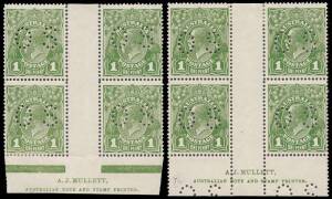 1d Green, A.J. Mullett Plates 3 & 4 imprint blocks of four, perforated OS, the latter with varieties; BW.77ba(3)zb, (4)zb.