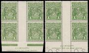 1d Green, A.J. Mullett Plates 3 & 4 imprint blocks of four, perforated OS, the latter with varieties; BW.77ba(3)zb, (4)zb.