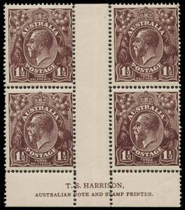 1½d Black-brown, T.S. Harrison imprint block of four; BW.83(1)z - $300.      