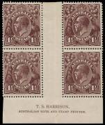 1&frac12;d Black-brown, T.S. Harrison imprint block of four; BW.83(3)z - $300. &nbsp; &nbsp; &nbsp;