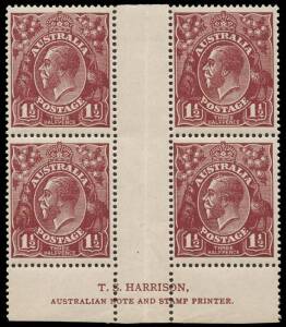 1½d Deep Red-brown, T.S. Harrison imprint block of four; BW.85(1)z - $400. Slight separation.