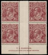 1&frac12;d Deep Red-brown, T.S. Harrison imprint block of four; BW.85(1)z - $400. Slight separation.