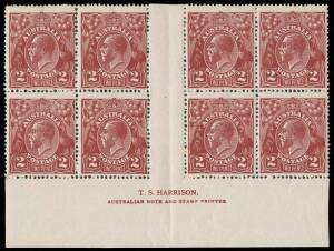2d Red-Brown, Die I, T.S. HARRISON imprint blocks of four (x3) or eight (x1) in four different shades: BW #97z.