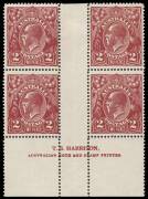 2d Red-Brown, Die I, T.S. HARRISON imprint blocks of four (x3) or eight (x1) in four different shades: BW #97z. - 4