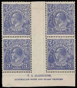 3d Blue, T.S. Harrison imprint block of four; BW.104za - $350