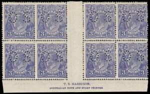 3d Blue, T.S. Harrison, Plate 2, imprint block of eight, perforated OS, with variety &ldquo;Large triangular flaw in right wattles&rdquo; [2L53]; BW.104ba, za,j.