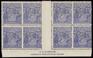 3d Blue, T.S. Harrison, Plate 2, imprint block of eight, perforated OS, with variety “Large triangular flaw in right wattles” [2L53]; BW.104ba, za,j.