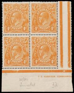 4d Orange, L pane lower R cnr. block of four with INVERTED wmk. and part Harrison imprint; BW.110Aa. Rare.