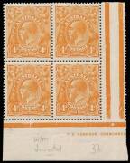 4d Orange, L pane lower R cnr. block of four with INVERTED wmk. and part Harrison imprint; BW.110Aa. Rare.
