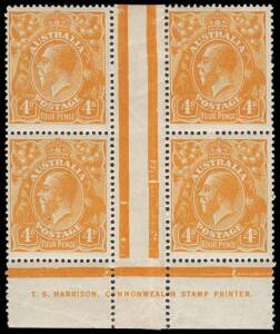 4d Orange, T.S. Harrison single-line imprint block of four; BW.110A(1)zd - $7,500   