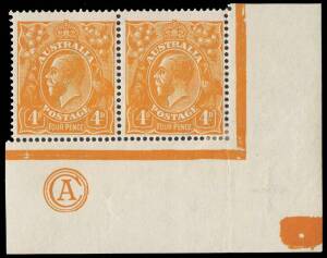 4d Yellow-Orange (aniline) , CA Monogram corner pair, INVERTED watermark: BW.110B(2)z. 