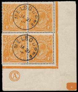 4d Yellow-Orange (aniline), CA Monogram corner block of four, INVERTED watermark, CTO by MELBOURNE/JA21/15 datestamps: BW.110B(2)z. Slight separation and reinforced. RARE.