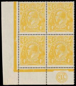 4d Lemon-Yellow, JBC Monogram corner block of four; BW.110C(1)z, 2009 Drury Certificate.