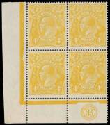 4d Lemon-Yellow, JBC Monogram corner block of four; BW.110C(1)z, 2009 Drury Certificate.