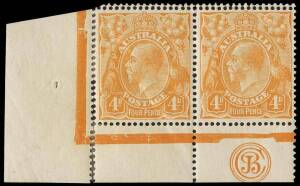 4d Buff-Orange, JBC Monogram corner pair showing DOUBLE perforations at the top; BW.110baF(1)z. Reinforced and unusual.