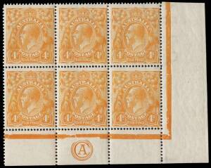 4d Buff-Orange, CA Monogram corner block of six with variety “White flaw behind emu’s leg”; BW.110F(1)zb,o. Minor gum specking.