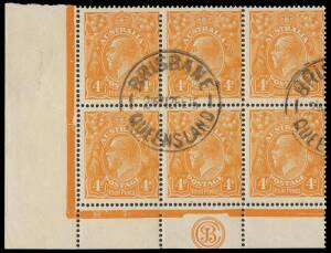 4d Yellow-Orange, JBC Monogram corner block of six, CTO by BRISBANE/12FE15/ QUEENSLAND datestamps; BW.110I(1)z. Some separation at right. RARE.