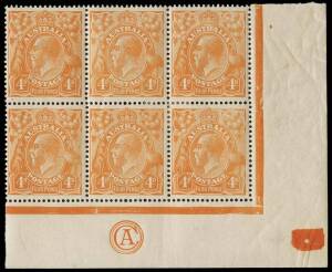 4d Buff-Orange, CA Monogram corner block of six, INVERTED watermark; BW.110aF(2)zb. Minor adhesions.