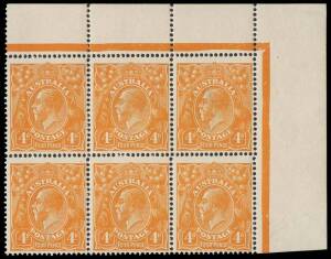 4d Yellow-Orange, upper right block of six with variety &ldquo;Line through FOUR PENCE&rdquo; [L12]; BW.110I(2)h.