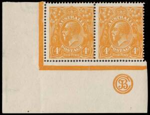 4d Yellow-Orange, JBC Monogram corner pair, INVERTED watermark: BW.110aI(2)z. &nbsp;&nbsp;