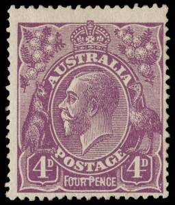 4d Violet, variety &ldquo;Line through FOUR PENCE&rdquo; [2R12], fine mint, SG.64a - &pound;25,000 and BW.111(2)h - $35,000. Of the five mint examples known, one is the Royal Collection, and another in the Australia Post archival collection. 2009 Drury and 2012 Ceremuga Ce