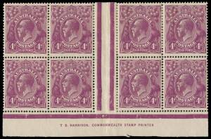 4d Violet, T.S. HARRISON one-line imprint block of eight; BW.111(1)z. Upper units heavily hinged and reinforced. Cat. $5,000+.