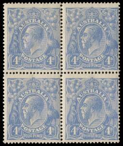 4d Ultramarine block of four, lower right unit variety &ldquo;Thin FOUR PENCE" &ndash; early state [R12]; BW.112(2)ha. 2**/2*, variety**. Cat. $875.