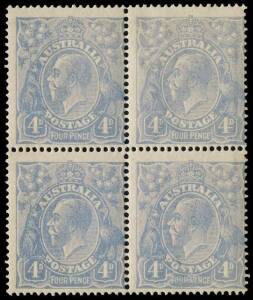 4d Milky Blue block of four, lower right unit variety &ldquo;Thin FOUR PENCE" &ndash; later state [R12], BW.112(2)hb. 3**/1* variety**. Cat. $1,125.